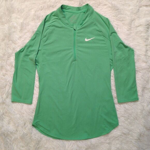Nike Court Dry Pure Womens XS Quarter Zip Tennis Top Lime Green 3/4 Sleeve - Picture 2 of 9